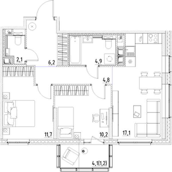 2-комнатная квартира 58.2 м², 10/12 эт., ЖК «Янила Форест»